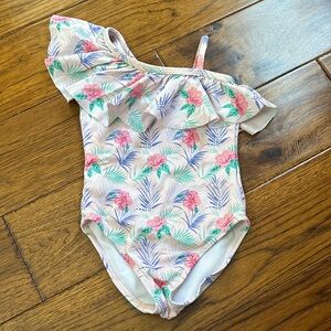 Janie and Jack Floral One-Shoulder Swimsuit - Pink and Green